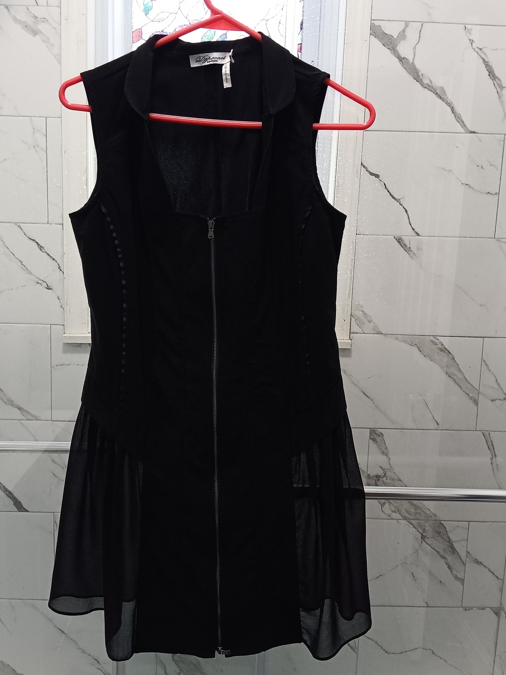 Dzhavael Couture Black Sleeveless Zip-Front Tunic with Sheer Hem Size Small